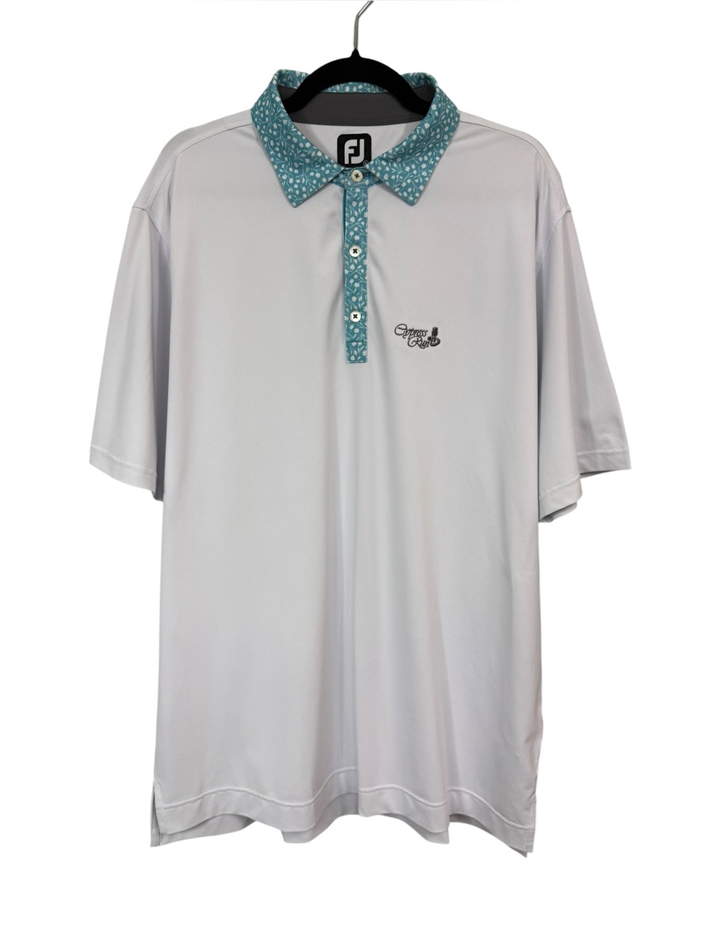 FJ Footjoy Men's XL Golf Polo Shirt Blue White Cypress Run Stretchy Short Sleeve